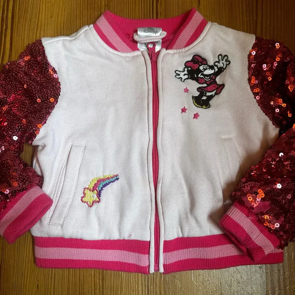 Disney‎ Minnie Mouse pink sequin full zip bomber jacket SIZE 4 - Picture 2 of 5